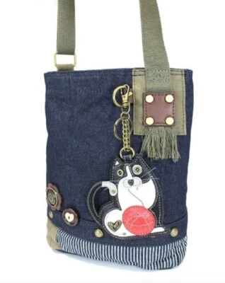 Chala Purse Handbag Denim Canvas Crossbody With Key Chain Tote Fat Cat - Image 1 of 4