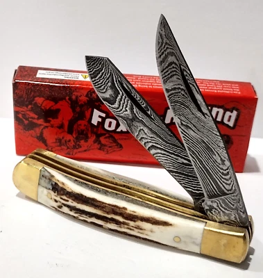 Cuchillo de Bolsillo Fox-N-Hound Damasco 2 Hojas Trampero Grueso Genuino Hueso de Ciervo Mango Foto 1 de 4