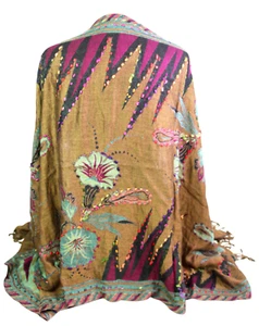 28"x81" ROT GRÜN BRAUN WOLLE BLUMEN BESTICKT FRANSEN SCHAL HALSTUCH (t5 - Bild 1 von 9