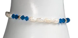 14K Gold with Fresh Water Pearls& Blue Crystals Bracelet 7" Long - Picture 1 of 6