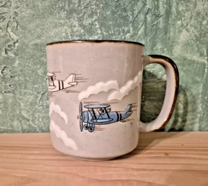 Coffee Mug Biplane Gray Ceramic - three in the clouds - Picture 1 of 5