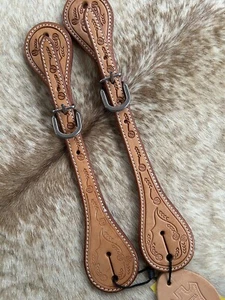 Adult Size Pair Light Oil Leather Tooled Western Spur Straps - Picture 1 of 5