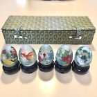 Vintage Set 5 Reverse Hand Painted Chinese Glass Eggs In Orig Box W Pedestals