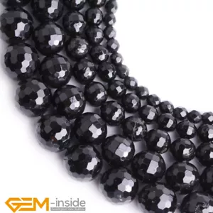Natural Gemstone Black Tourmaline AAA Faceted Round Beads for Jewelry Making 15" - Foto 1 di 47