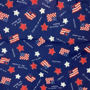 Patriotic Flags Stars Text on blue background Quilting Fabric 100%cotton 6 Yards - Picture 1 of 6