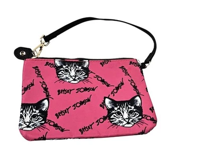 Betsey Johnson Pink Cat Print Wristlet Purse With Zippered Closure & Black Strap - Image 1 of 4