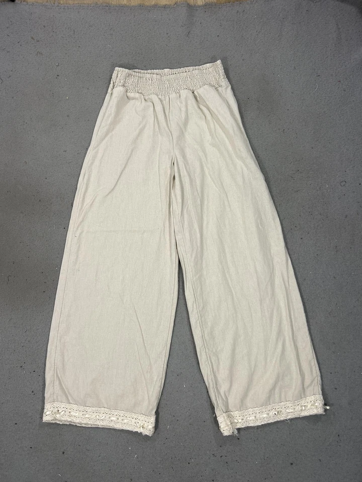 Celebrity Pink Pants Womens Medium Beige Smocked Waist Wide Leg Lace Trim Boho - Image 1 of 4