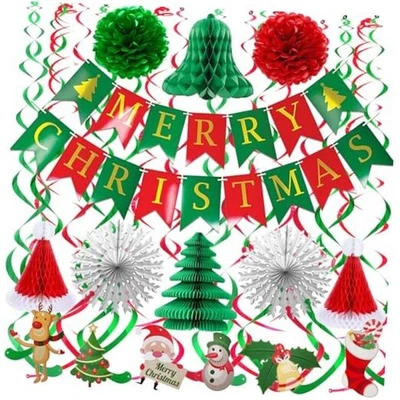 Fecedy MERRY CHRISTMAS Hanging Paper Banner Pom poms Paper flower Fan Paper  - Image 1 of 4