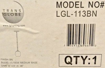 TRANS GLOBE LIGHTING 1-LIGHT MINI PENDANT BRUSHED NICKEL WHITE GLASS 4.5"W 46"H - Image 1 of 4