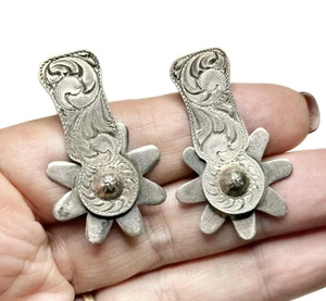 LUX Vintage Engraved Sterling Silver Spur Earrings, Spinning Rowels - Picture 1 of 4