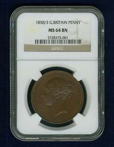 GREAT BRITAIN VICTORIA 1858/3  1 PENNY COIN, UNCIRCULATED, CERTIFIED NGC MS64-BN - Picture 1 of 4