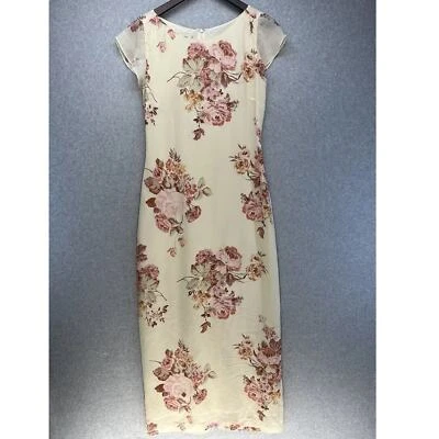 Laura Ashley Dress Vintage Silk Shift Shoulder Sheer Sleeve Cream Rose Floral 4 - Image 1 of 4