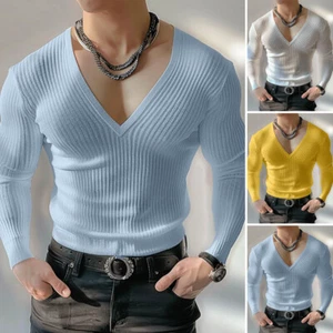 UK Mens V Neck Long Sleeve Knit Shirt Solid Blouse Casual Slim Pullover Tops - Picture 1 of 14