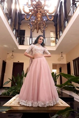 Stylish Look Weone Silk Powder Pink Lehenga Choli And Dupatta For Functional - Image 1 of 4
