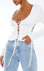 PLT DAMENOBERTEIL GRÖSSE 2 CREMEFARBEN GEWEBT ZUM SCHNÜREN TIEFES DETAIL LANGARM SEXY OBERTEIL NEU MIT ETIKETT - Bild 1 von 12