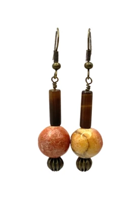 Vintage Artisan Wood Nut Beaded Earrings Drop Dangle Lacquered Fall Inspired 2" - Image 1 of 4