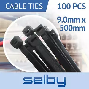 100pcs Cable Ties Zip Ties Black 9.0mm x 500mm Strong Nylon UV Stabilised - Picture 1 of 4
