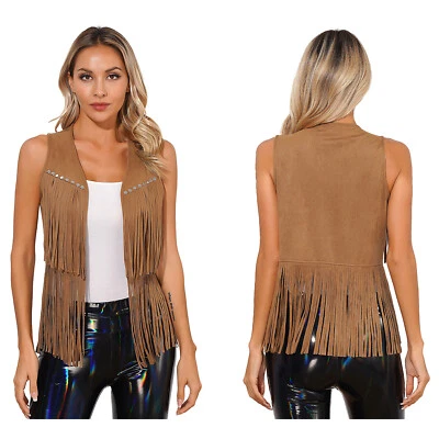 Womens Tassel Fringe Western Cowboy Cowgirl Waistcoat Hippie Costume Jacket Vest - Image 1 of 4