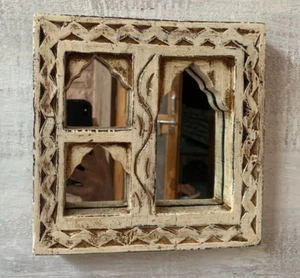 Antique Finish Hand Carved Old Wood Mirror, Wall Decor Frame, Indian Traditional - Picture 1 of 8