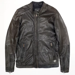 600$ DIESEL LAGNUM Goat Leather Slim Biker Moto Jacket Stand-Up Brown/Black S-M - Picture 1 of 13