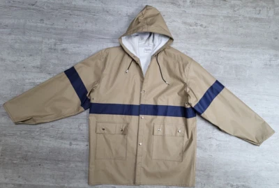 Abrigo de lluvia vintage de vinilo a rayas tostado y azul con capucha - Talla L - Chaqueta resbaladiza Foto 1 de 4