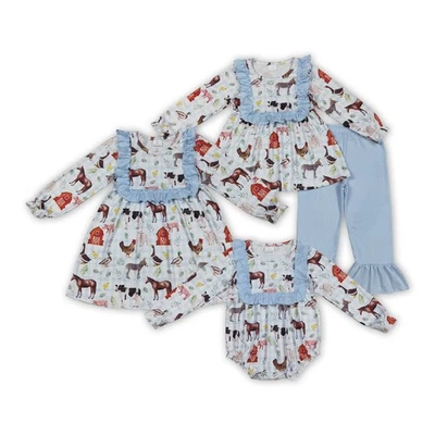 Ropa a juego de manga larga con vibraciones de otoño para niñas pequeñas caballo de granja Foto 1 de 4