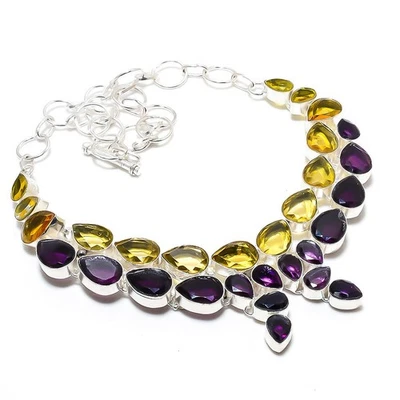 Collana In Argento Sterling 925 Fatta A Mano In Ametista E Citrino 18" - Immagine 1 di 4