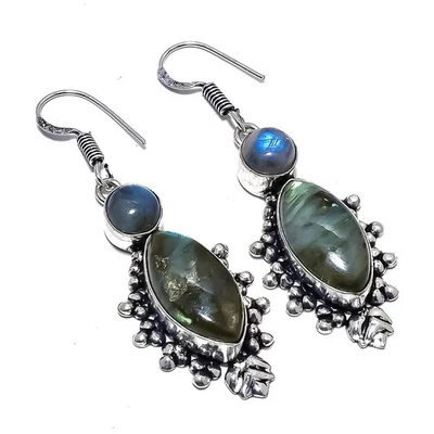 Pendiente de plata de ley 925 con piedras preciosas de labradorita natural 2,1" S423 Foto 1 de 4