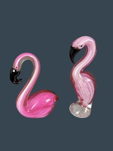 Pair of Pink Handblown Art Glass Flamingo Figurines Beach Decor Florida - Picture 1 of 14