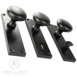 NEW YORK STYLE ROUND DOOR HANDLES MORTICE KNOBS ON LONG BACKPLATE SATIN BLACK - Picture 1 of 9