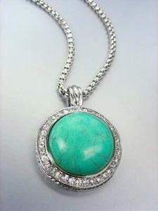 GORGEOUS Turquoise Silver Crystals Weave Cable Round Pendant Box Chain Necklace - Picture 1 of 4