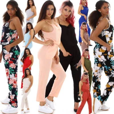 Damen Overall Onesie lang Jumpsuit Träger verstellbar Blumen Einfarbig Sommer - Bild 1 von 4