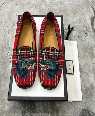 正品古驰格纹狼贴花皮革男式乐福鞋 US7.5 EU41 GUCCI/UK7 — 第 1/4 张图片