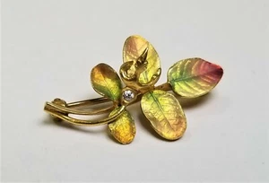 Antique 14K Enamel Leaf Pin with Diamond - Picture 1 of 5