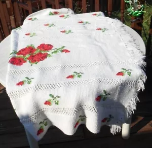 Vintage Large Hand Knitted Throw, Crochet Blanket in White Red Rose Design - Picture 1 of 5