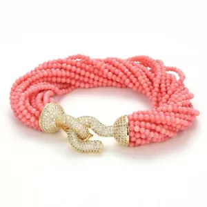 8,5 Zoll 20 Stränge Rosa Koralle Rund Perlen Armband Goldfarben Vergoldet CZ Pavé Verschluss - Bild 1 von 6