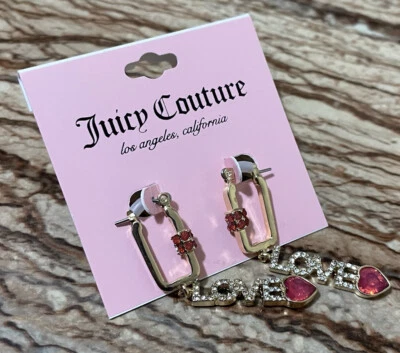 Juicy Couture Jewelry Gold Earrings Juicy Logo Pave Red Ruby Gemstone 44mm - Image 1 of 4