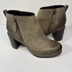 Sorel Blake Block Heel Chunky Quarry Grey Olive Leather Bootie Size 9.5 - Picture 1 of 7