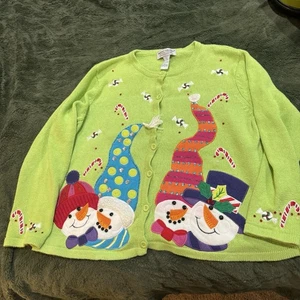 Maglione natalizio vintage taglia XL verde cardigan con bottoni pupazzi di neve canna caramelle - Foto 1 di 7