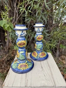 Paar mexikanische Alba Talavera Kerzenständer Sonnenblumen handbemalt 7 Zoll hoch - Bild 1 von 6