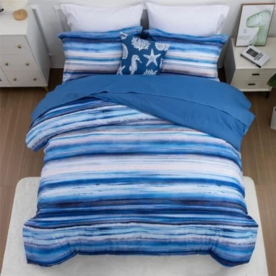  Juegos de cama a rayas de playa 6 piezas juego de edredón a rayas costeras doble azul Foto 1 de 4