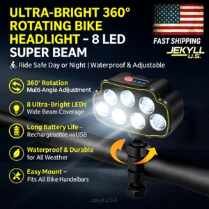 Super Bright 8 LED Bike Light USB Rechargeable Bicycle Front Headlight Waterprof - Picture 1 of 14