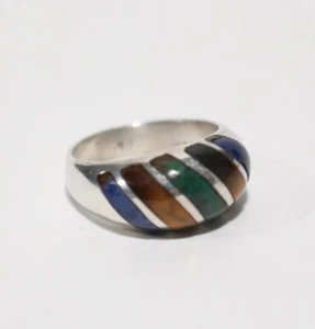 Anillo Cúpula México Plata Esterlina y Ojos de Tigre, Lapislázuli, Malaquita Incrustación Talla 5 - Imagen 1 de 17