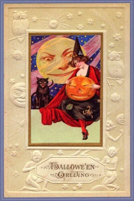 PÓSTER REPRO HALLOWEEN SALUDO BRUJA LUNA GATO NEGRO CALABAZA VACACIONES EE. UU. VINTAGE Foto 1 de 3