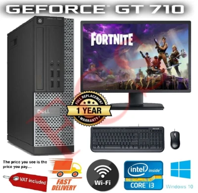 FAST GAMING DELL BUNDLE TOWER PC FULL SET COMPUTER SYSTEM INTEL i3 8GB 1TB GT710 - Image 1 of 4