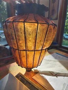 LARGE Caged blown Glass Hanging Lamp Light Globe Mid Century Modern amber 17" T - Picture 1 of 20