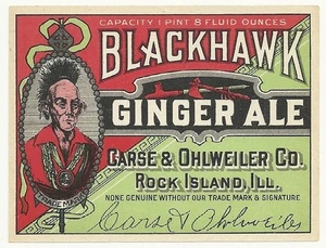1920's 8 OZ. Blackhawk Ginger Ale Label Carse & Ohlweiler Co. Rock Island  Il. - Picture 1 of 1