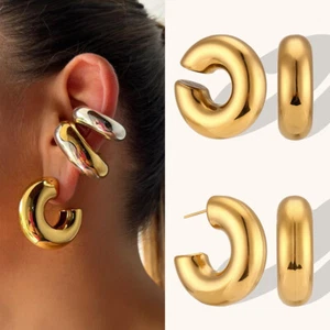 Women Chunky Round Circle Statement Earrings 18K Stainless Steel Ear Cuffs Studs - Picture 1 of 19