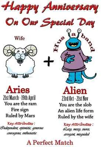 Tarjeta de felicitación Aries and Alien Aniversario A5 zodiaco, horóscopo, estrellas PID206 esposa - Imagen 1 de 1