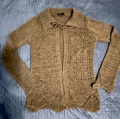 BCBG Max Azria Mujer’s Marrón Cable Tejido Corbata Frontal Suéter Cárdigan Talla Mediana Foto 1 de 4